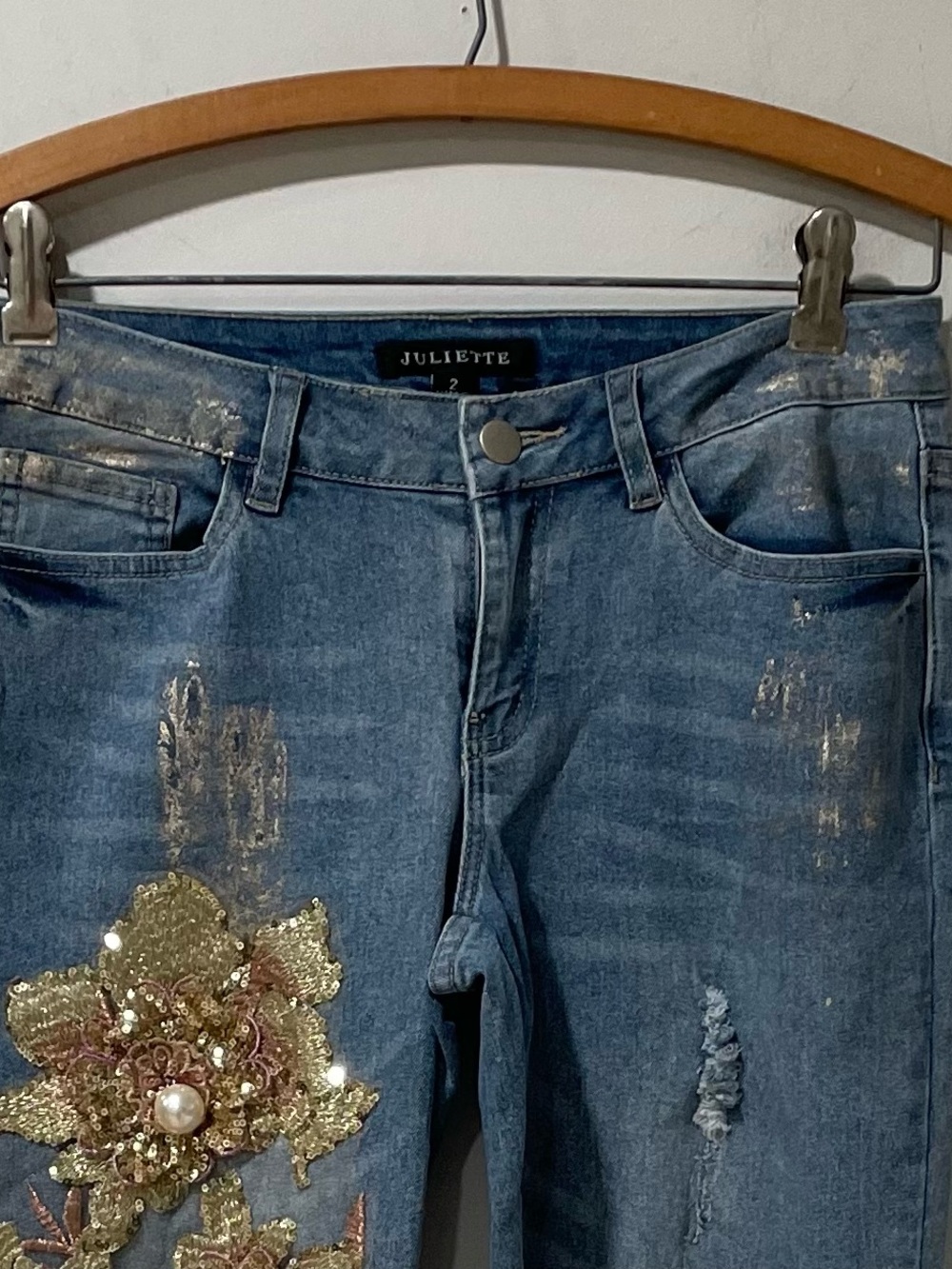 Embellished Denim Jeans Gold Sequins Festival Bold Y2K Artistic Glam Boho - Picture 2 of 11